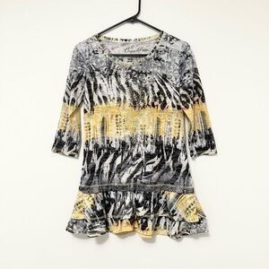 Onque Casuals Women's Embellished Abstract Tunic 3/4 Sleeves Petite Medium Jewel